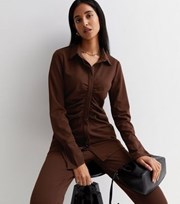Public Desire Dark Brown Crepe Collared Long Sleeve Ruched Long Top